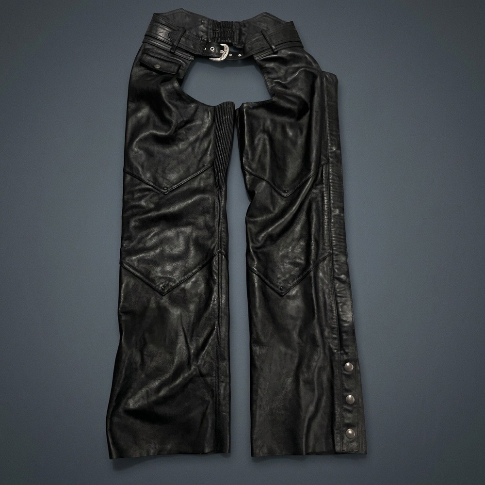 Harley-Davidson Leather Motorcycle Chaps Mens Size Medium Black Zipper Snap Y2K